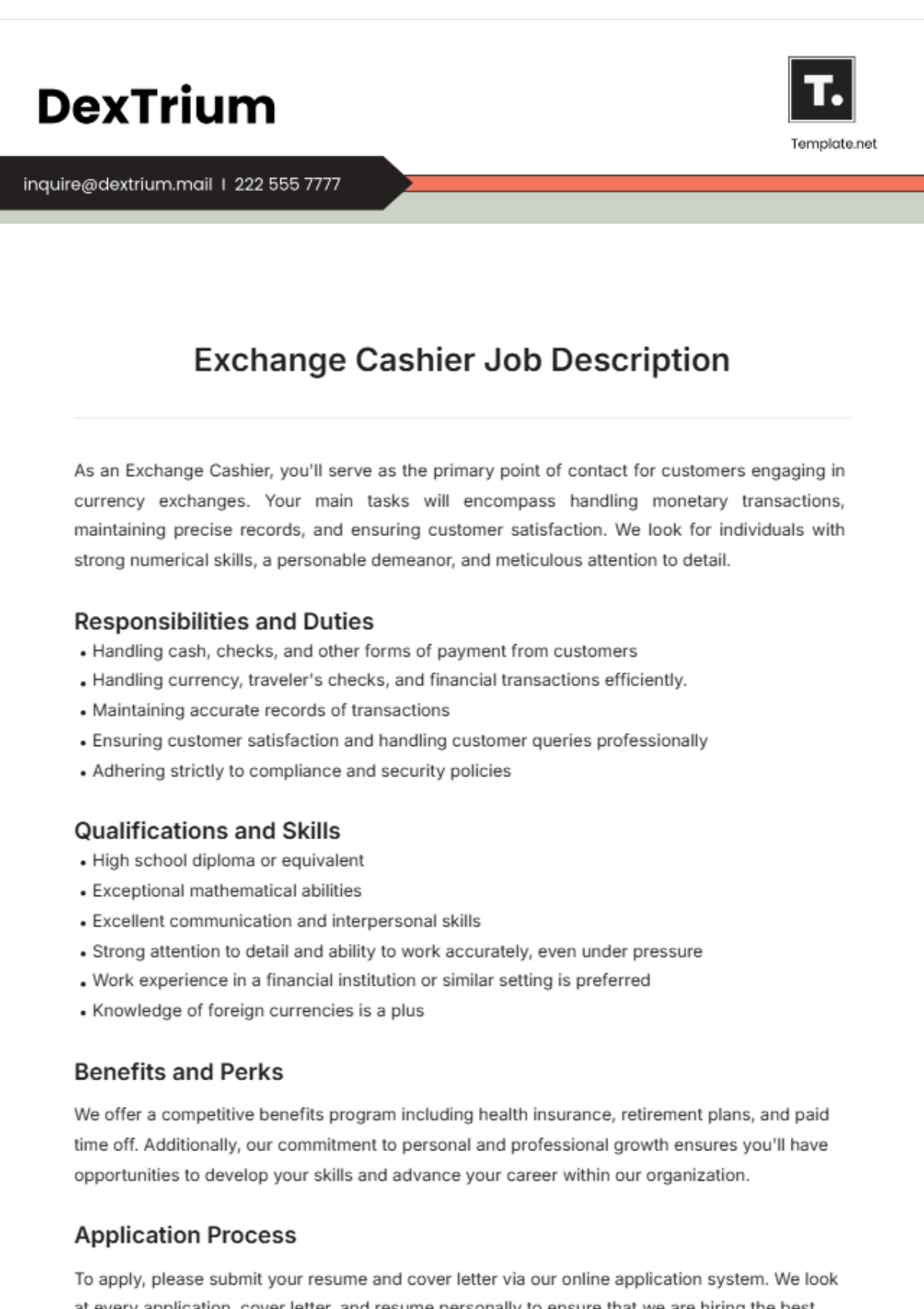 Exchange Cashier Job Description Template - Edit Online & Download