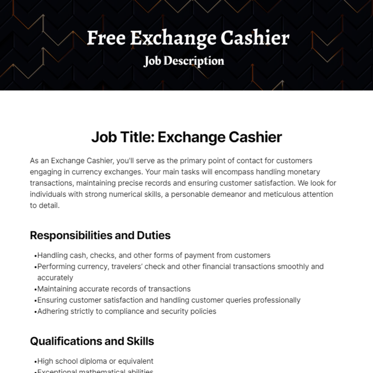 Free Exchange Cashier Job Description Template