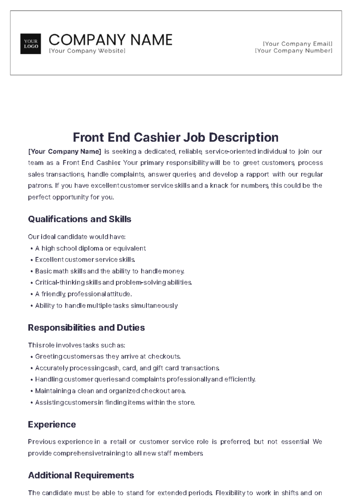 Front End Cashier Job Description Template - Edit Online & Download