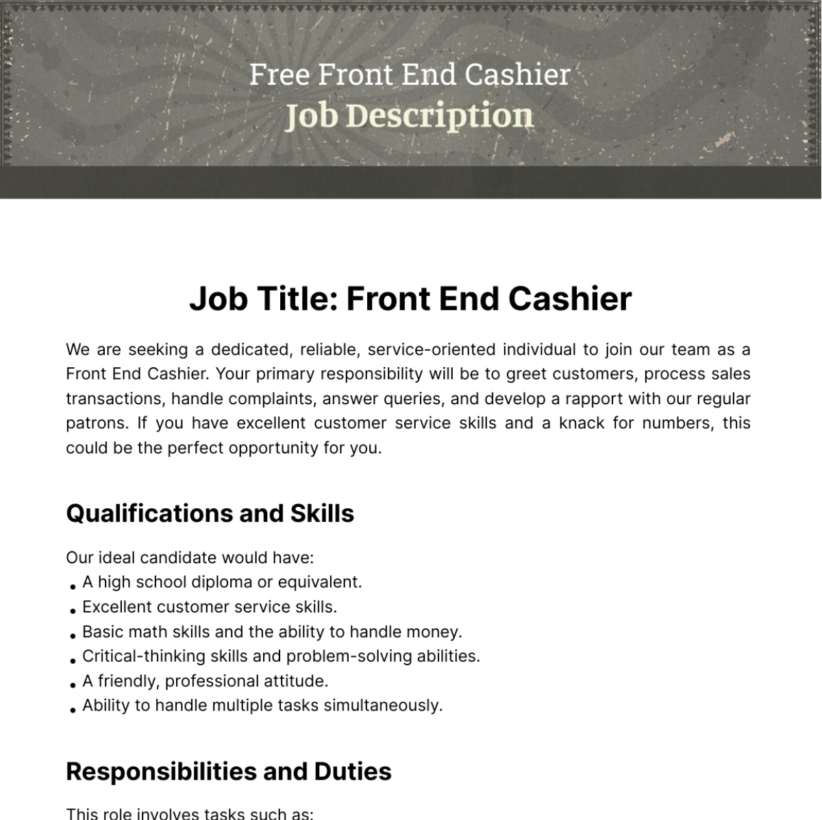 Free Front End Cashier Job Description Template