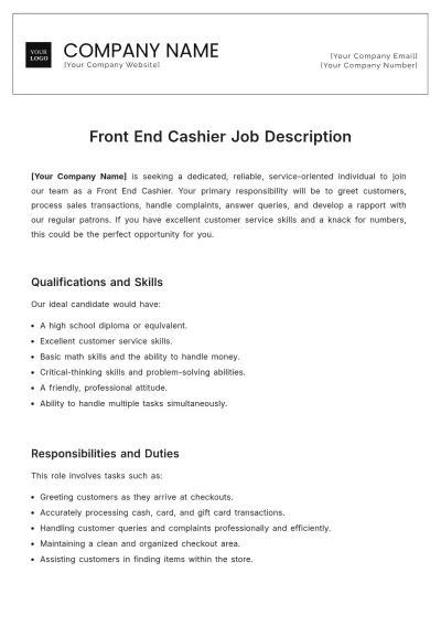 Free Front End Cashier Job Description Template to Edit Online