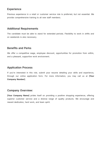 Free Front End Cashier Job Description Template to Edit Online
