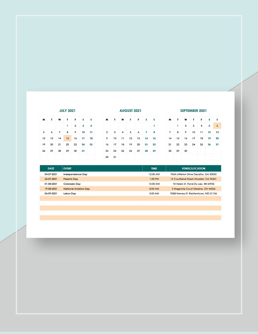 Sample Event Calendar Template in Google Docs, Word, Pages, PDF
