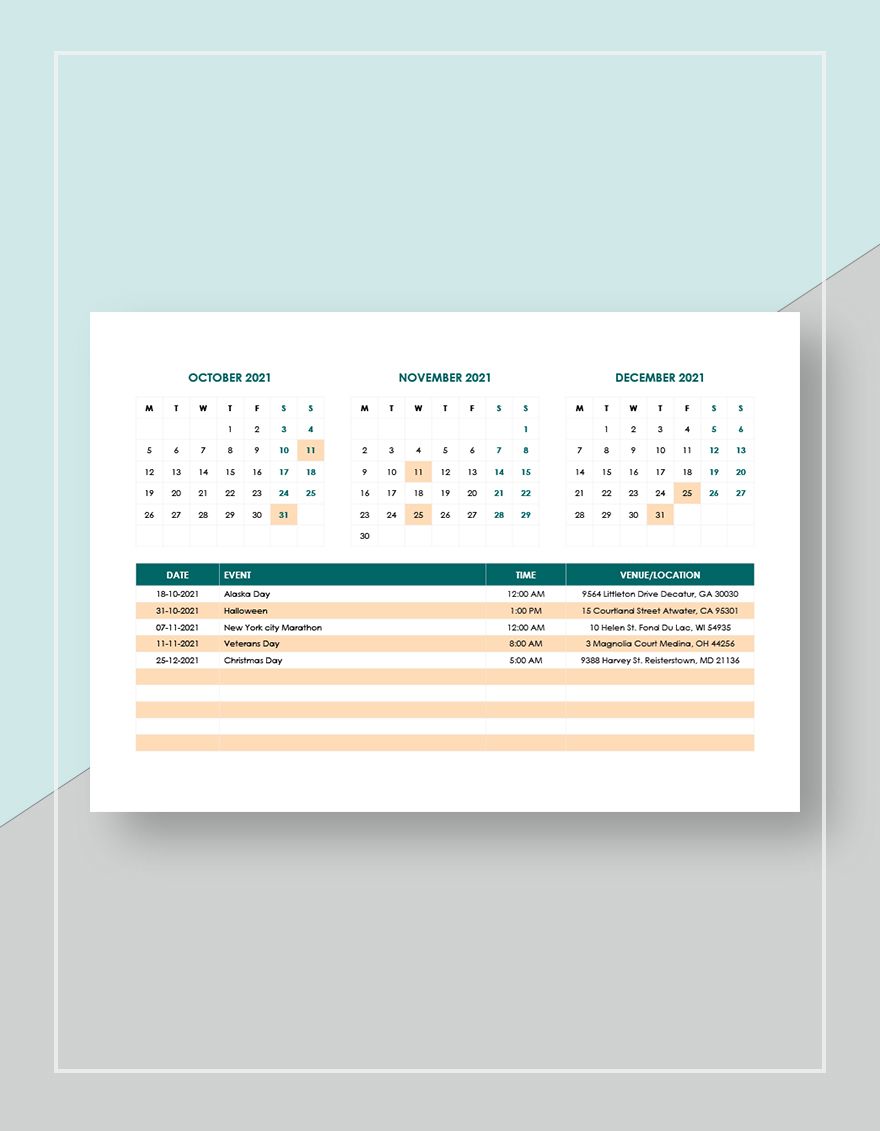 Sample Event Calendar Template