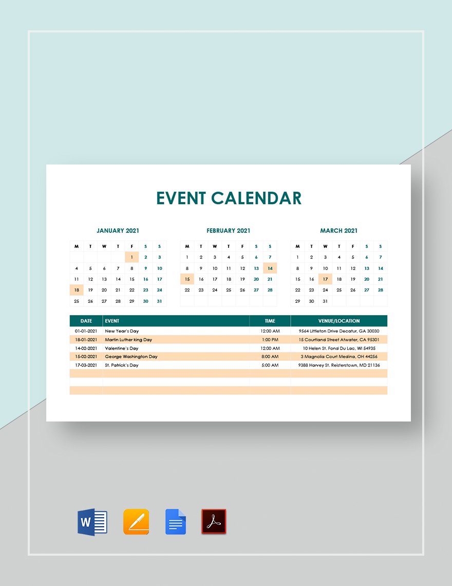 Sample Event Calendar Template in Google Docs Word Pages PDF