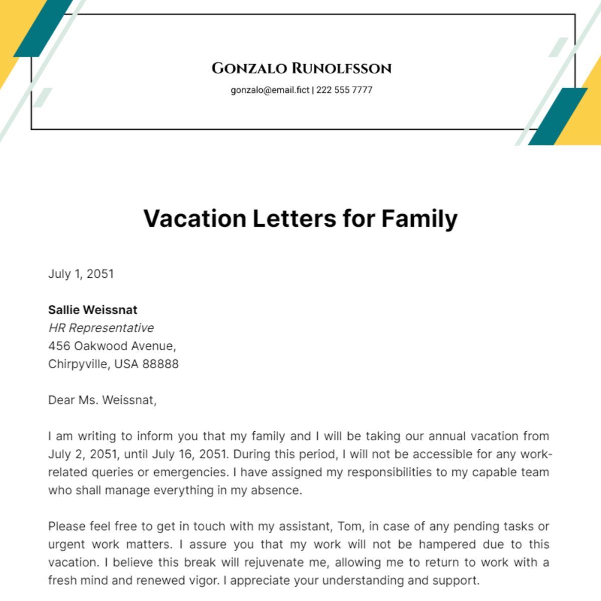 Vacation Letter for Family Template