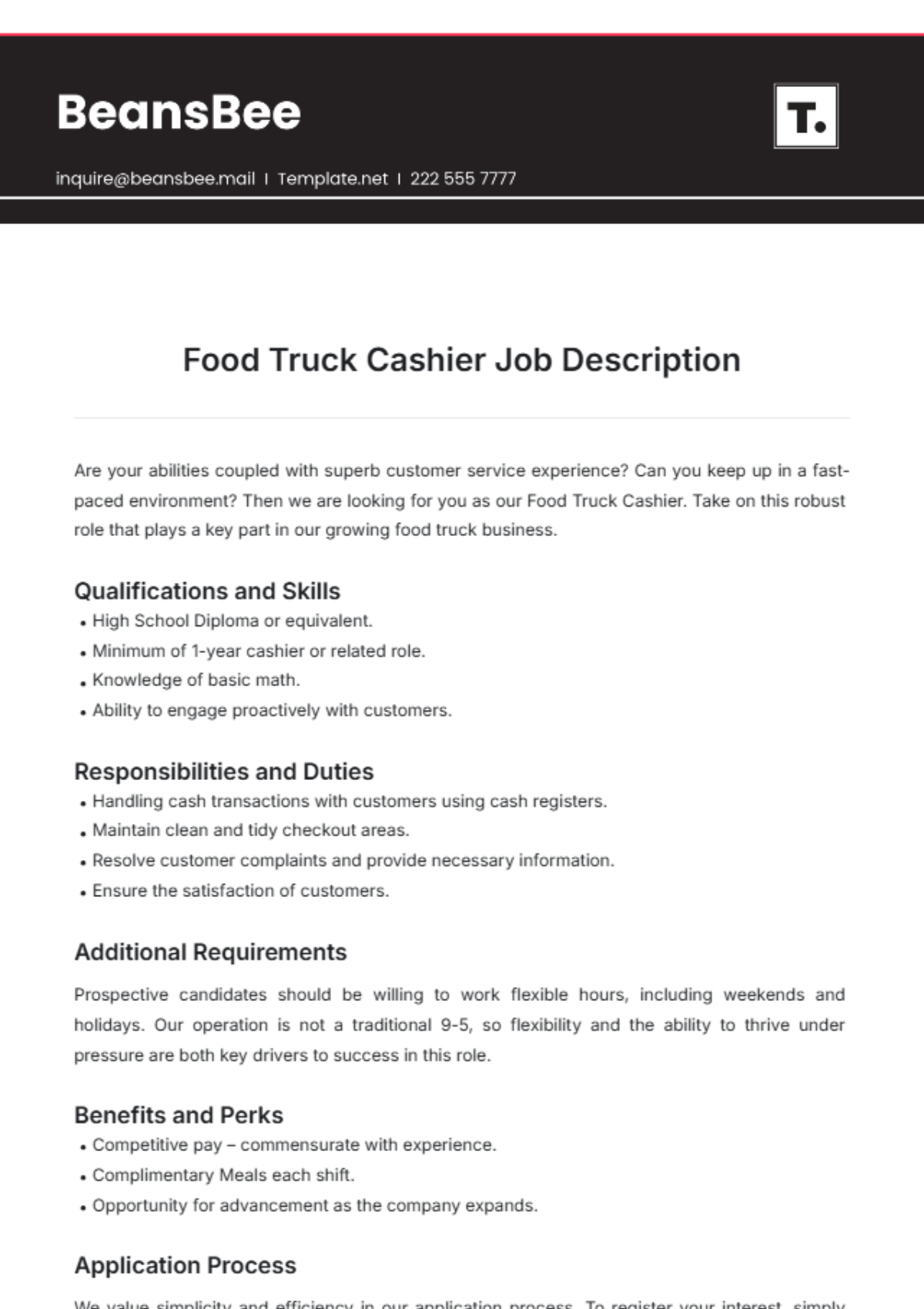 Food Truck Cashier Job Description Template - Edit Online & Download