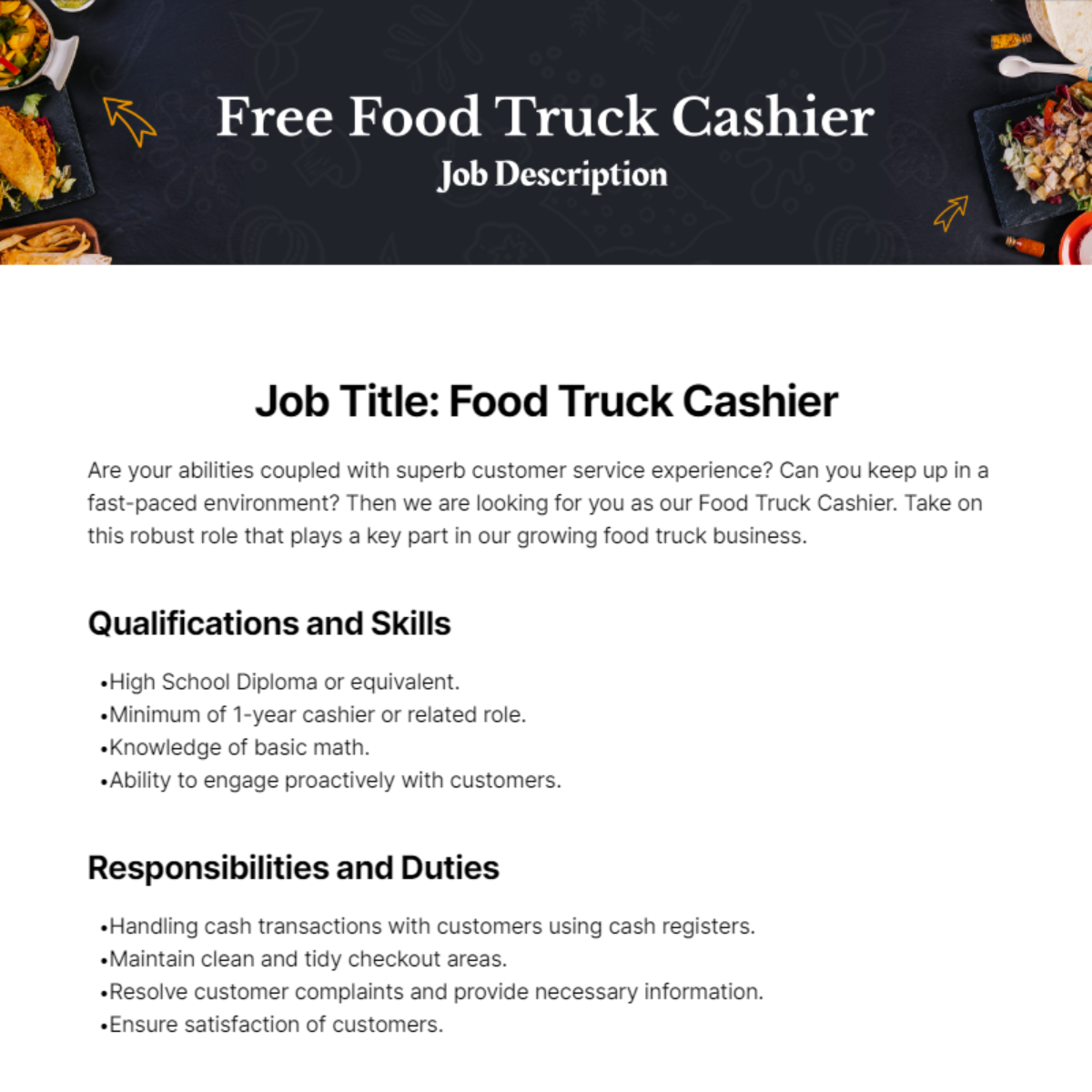 Free Food Truck Cashier Job Description Template
