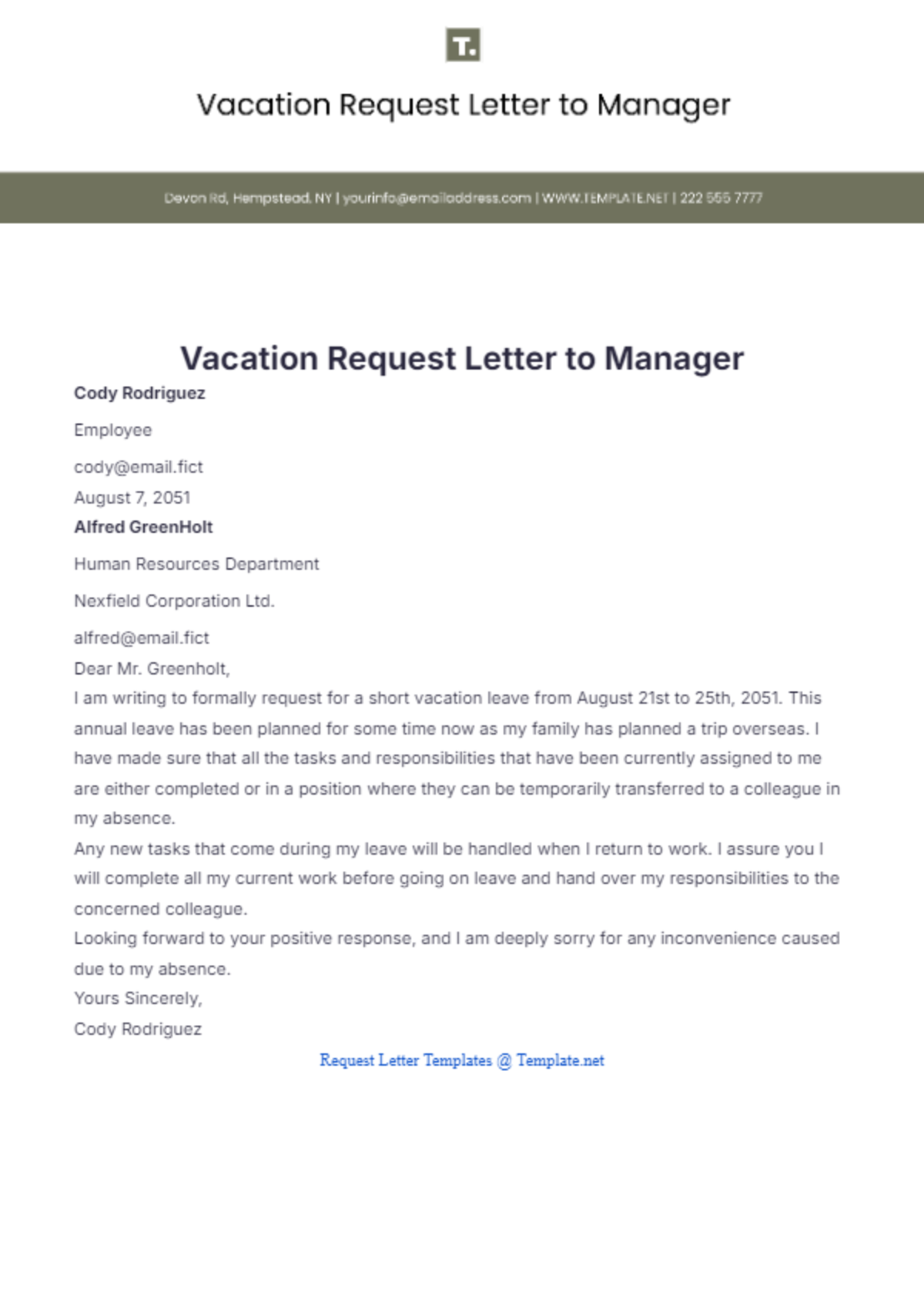 Vacation Request Letter to Manager Template - Edit Online & Download