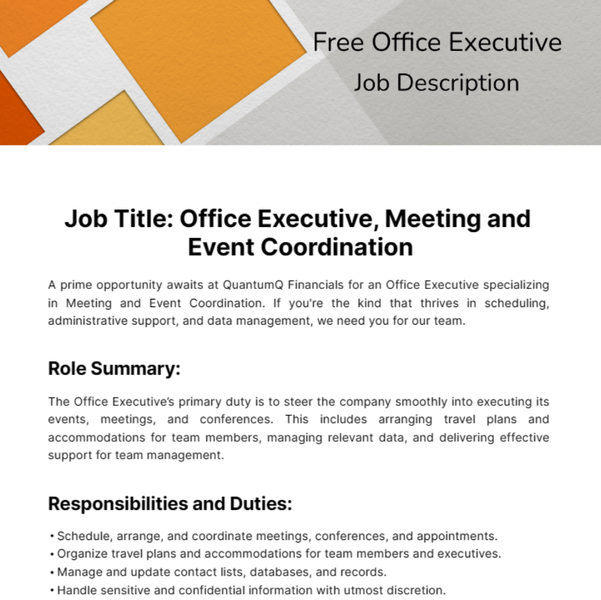 Free Office Executive Job Description Template