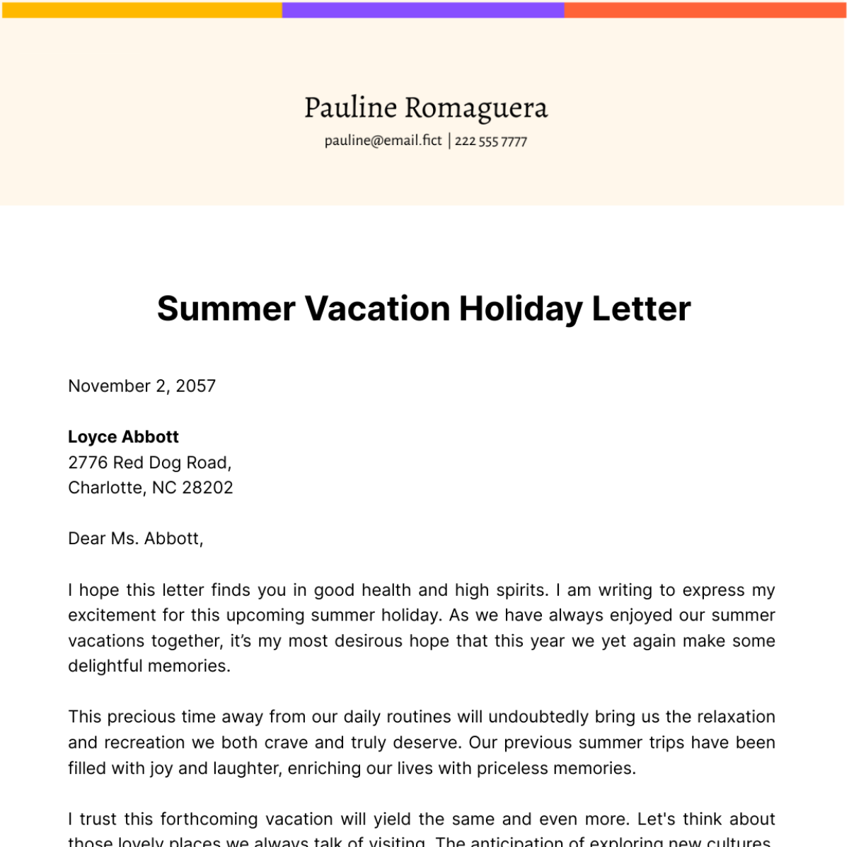 Summer Vacation Holiday Letter Template