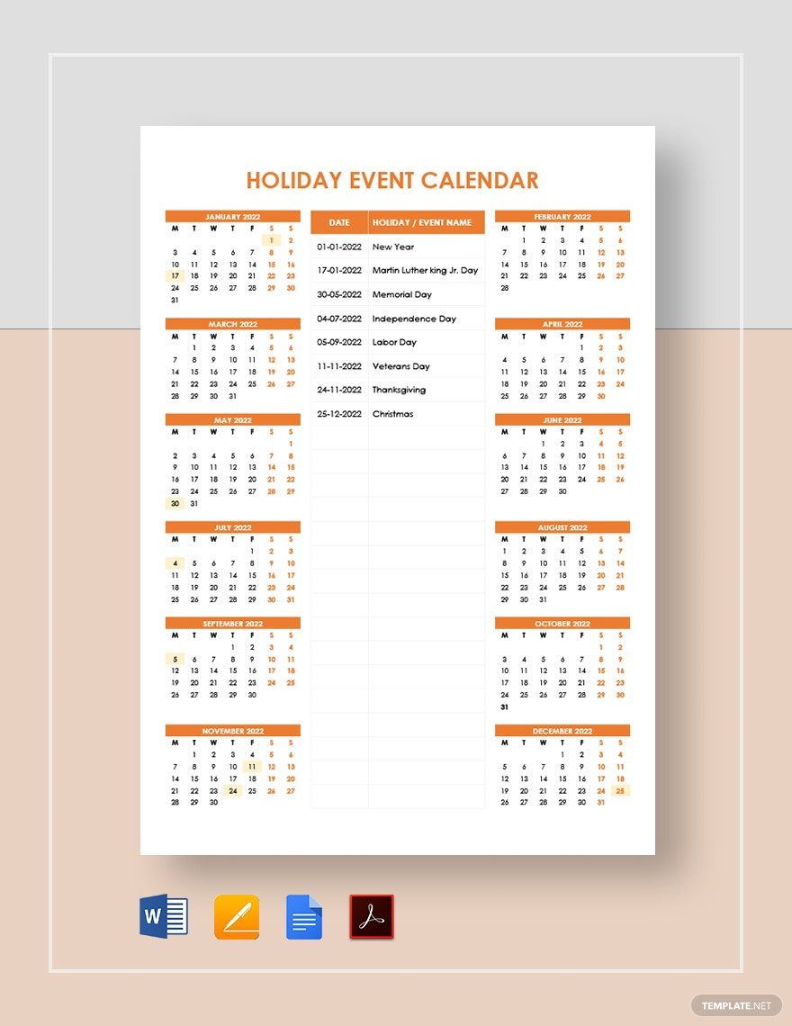 Holiday Event Calendar Template