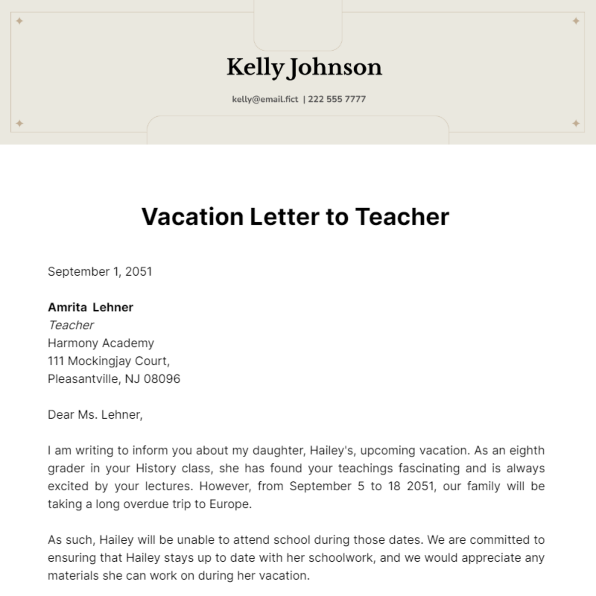 Vacation Letter to Teacher Template