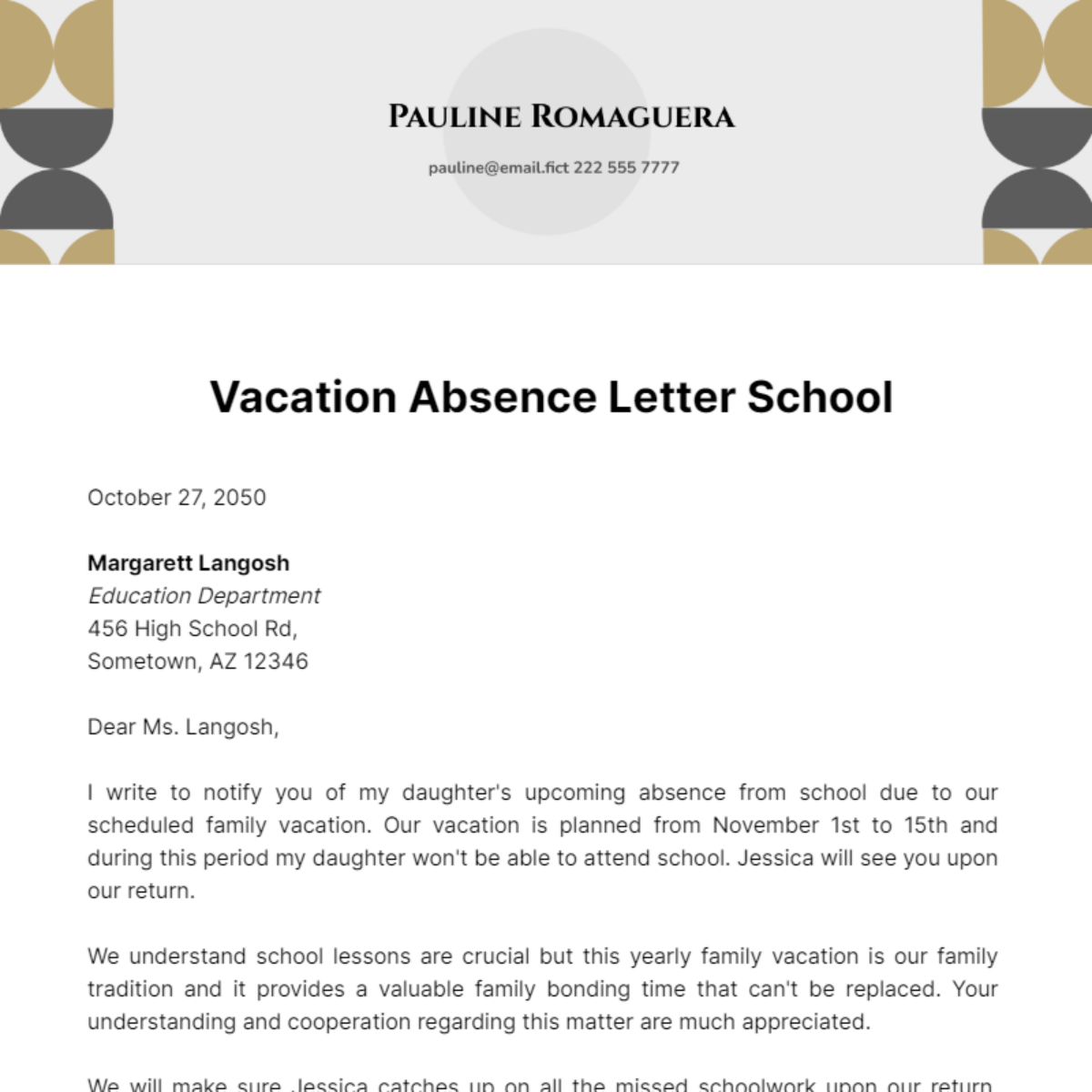 Vacation Absence Letter School Template