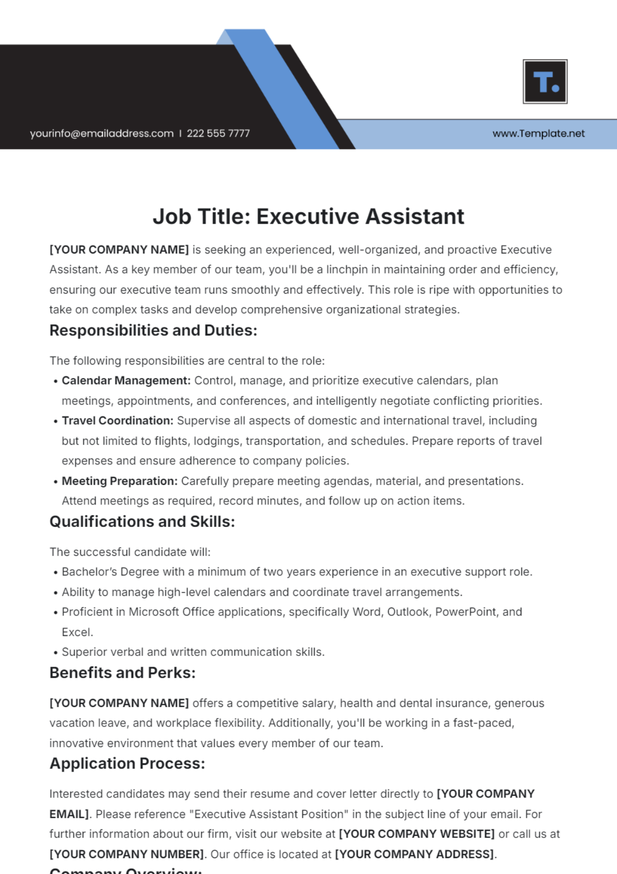 Executive Assistant Job Description Template - Edit Online & Download