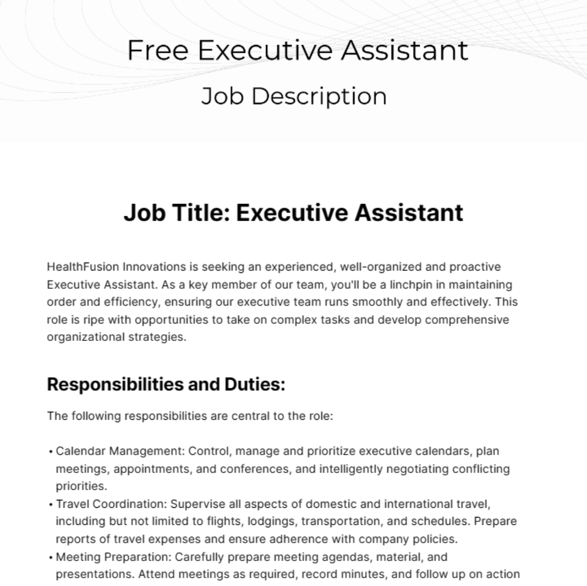 Executive Assistant Job Description Template