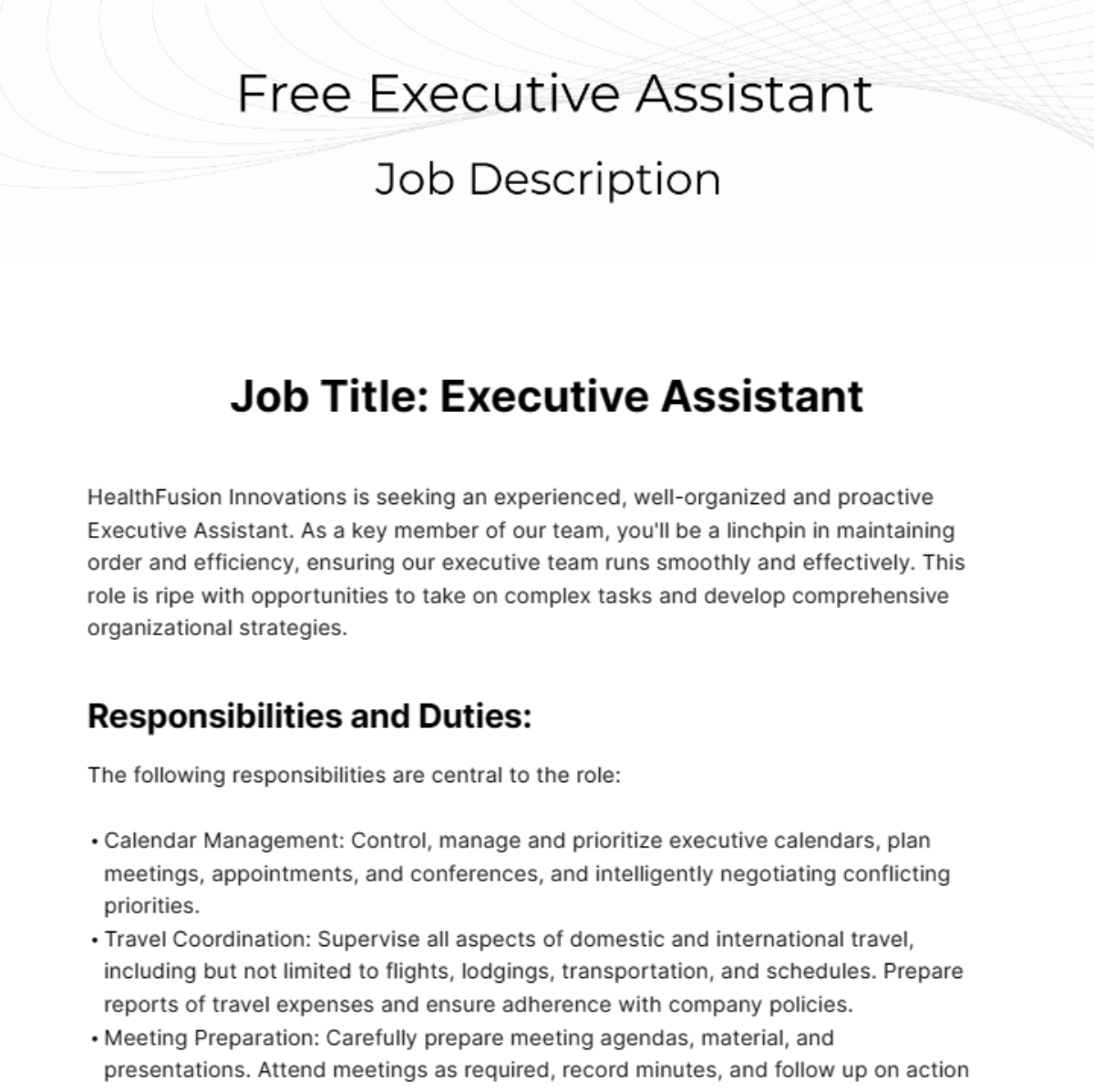 Executive Assistant Job Description Template Edit Online Download 