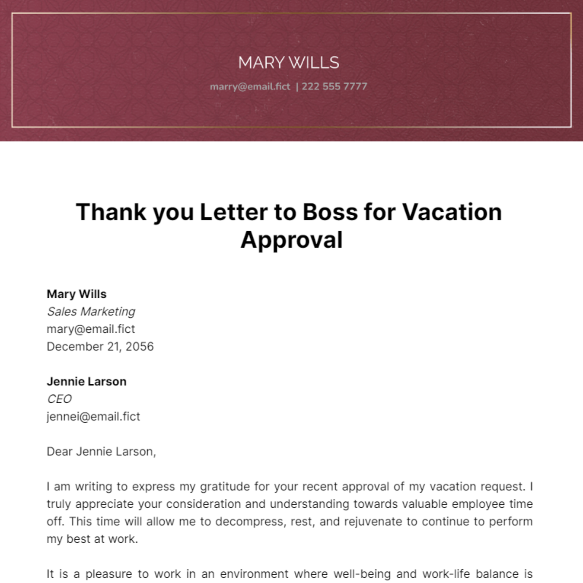 Thank you Letter to Boss for Vacation Approval Template
