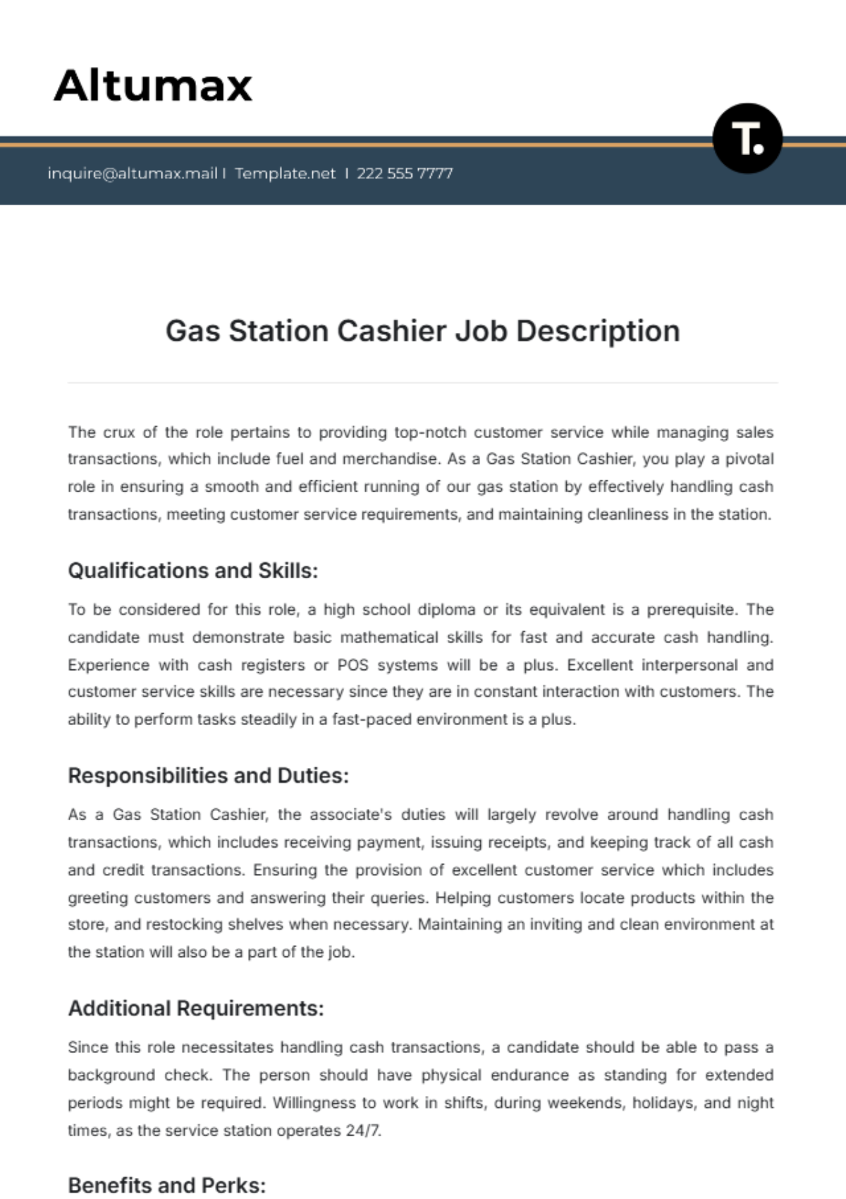 Gas Station Cashier Job Description Template - Edit Online & Download