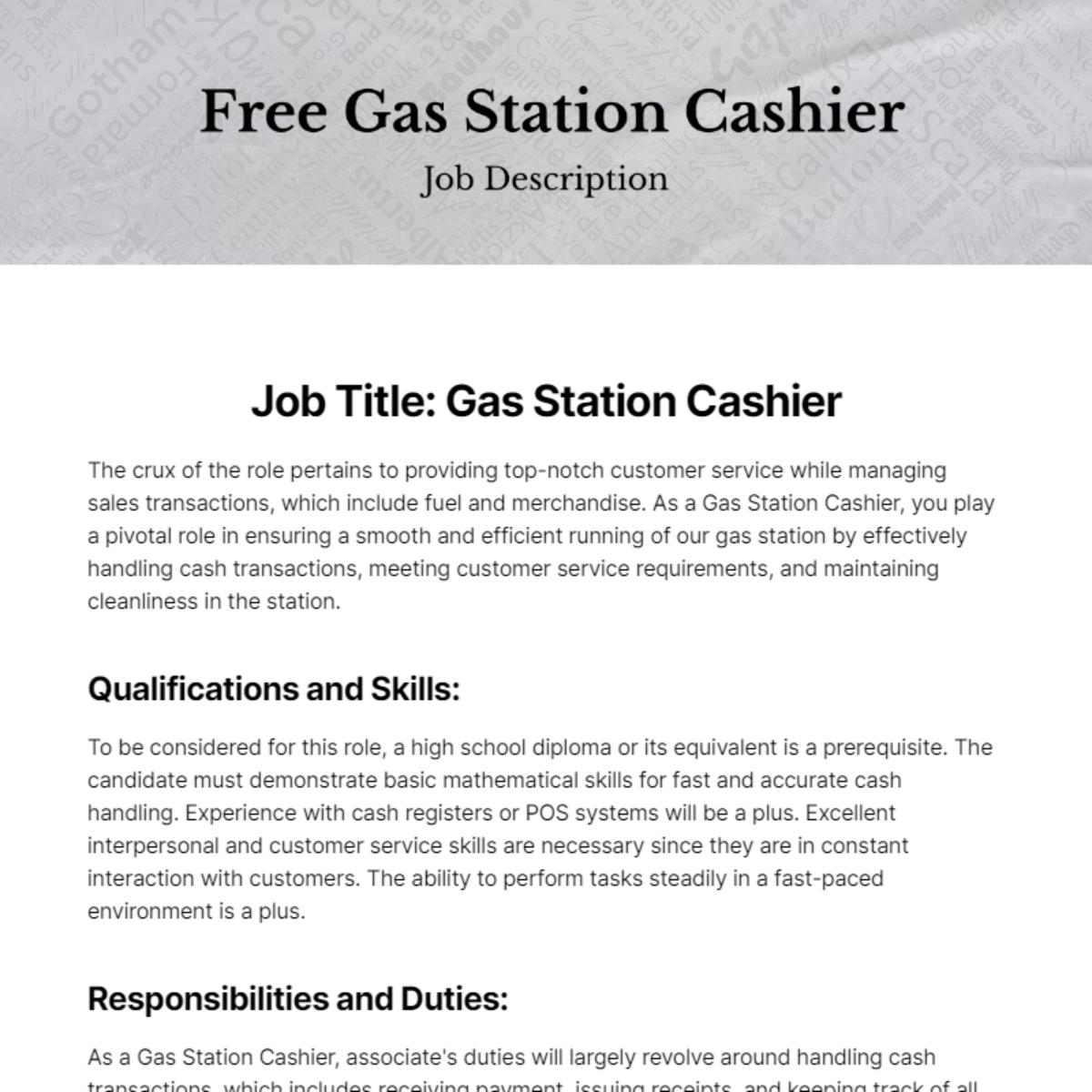Free Gas Station Cashier Job Description Template