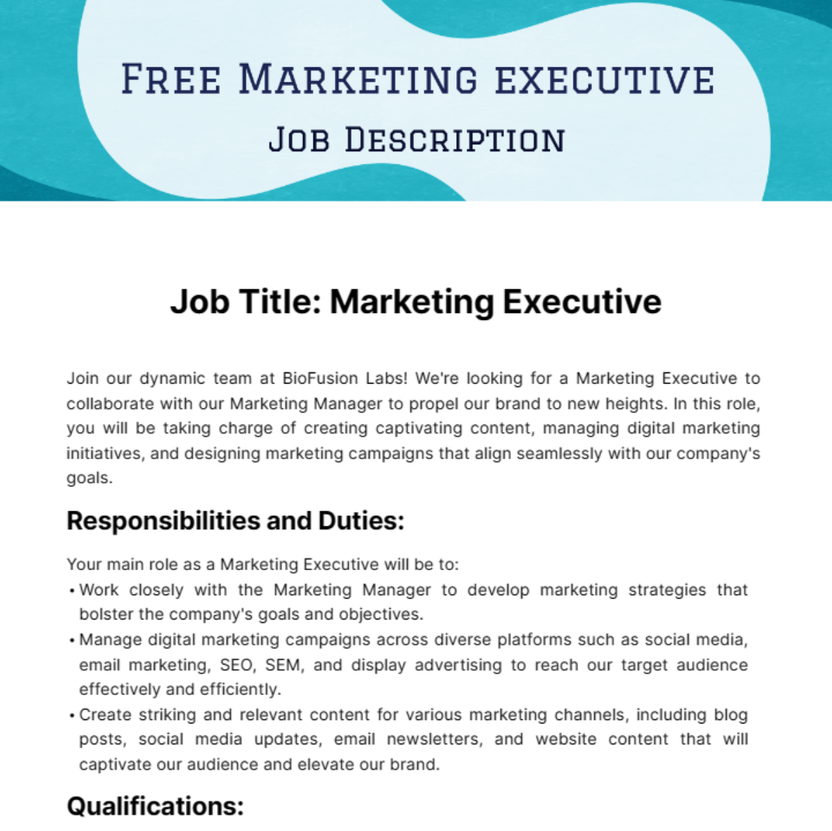 Free Marketing Executive Job Description Template