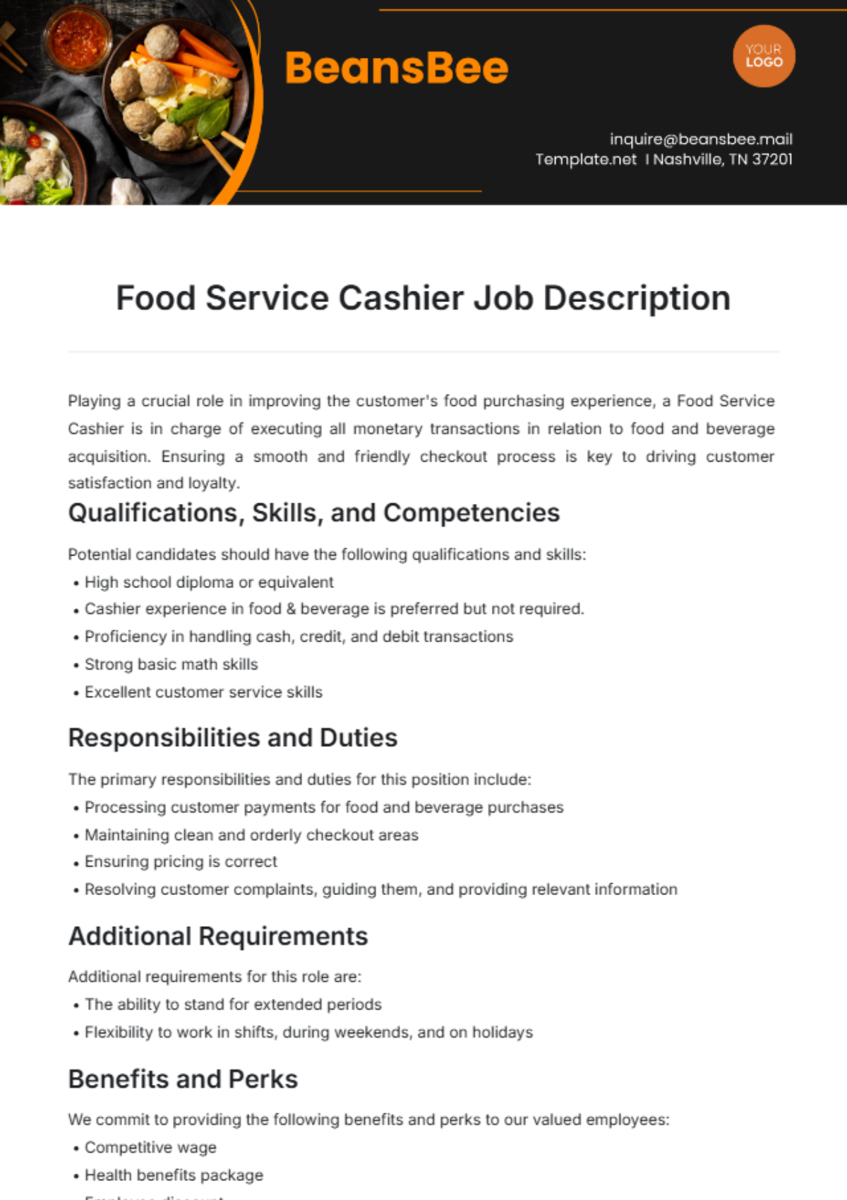 Food Service Cashier Job Description Template - Edit Online & Download