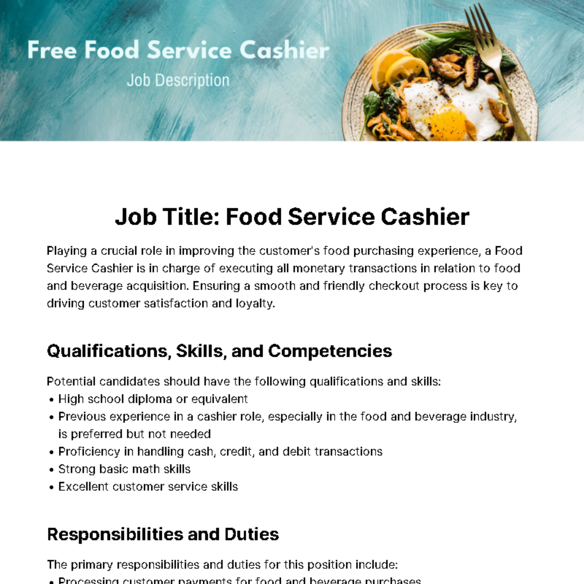 Food Service Cashier Job Description Template Edit Online Download 