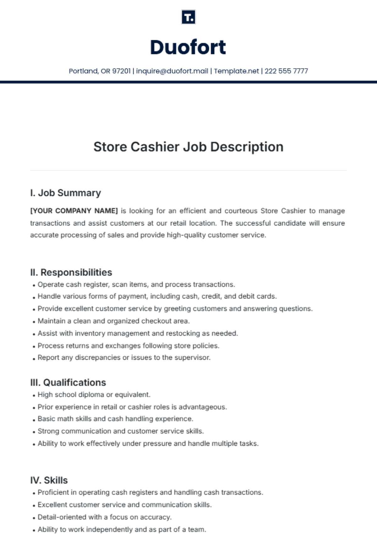 Store Cashier Job Description Template - Edit Online & Download