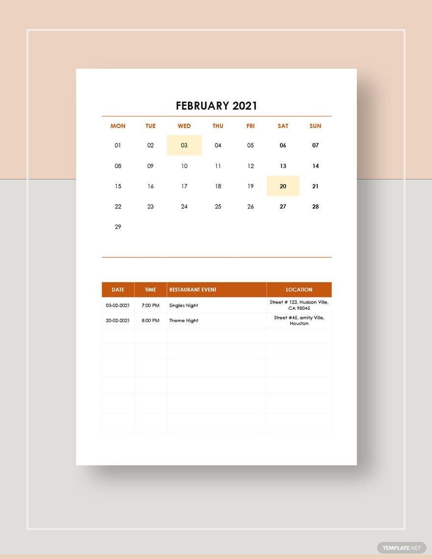 FREE Restaurant Calendar Template - Download in Word, Google Docs, Excel, PDF, Google Sheets, Illustrator, Photoshop, Apple Pages, InDesign, Apple Numbers FREE Restaurant Calendar Template - Download in Word, Google Docs, Excel, PDF, Google Sheets, Illustrator, Photoshop, Apple Pages, InDesign, Apple Numbers