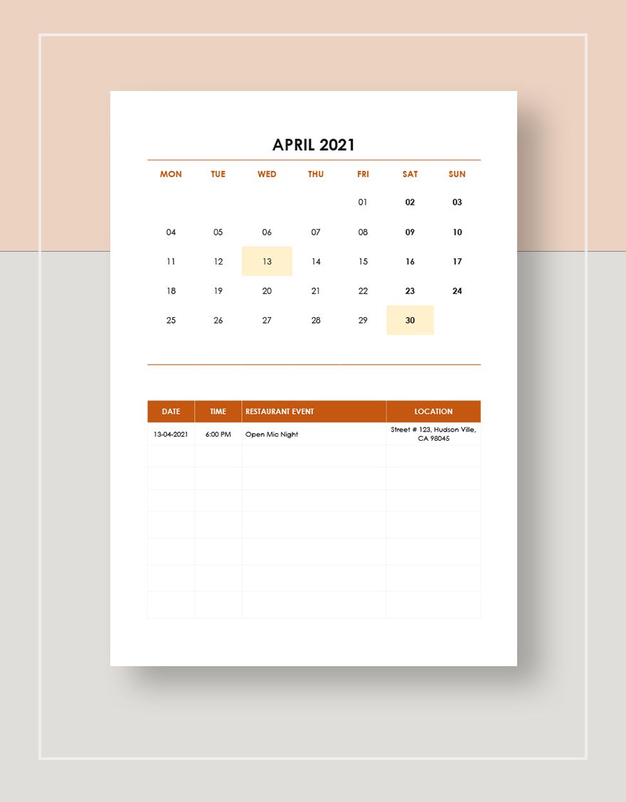 Restaurant Event Calendar Template