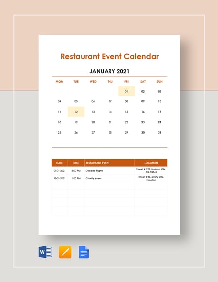 restaurant event calendar