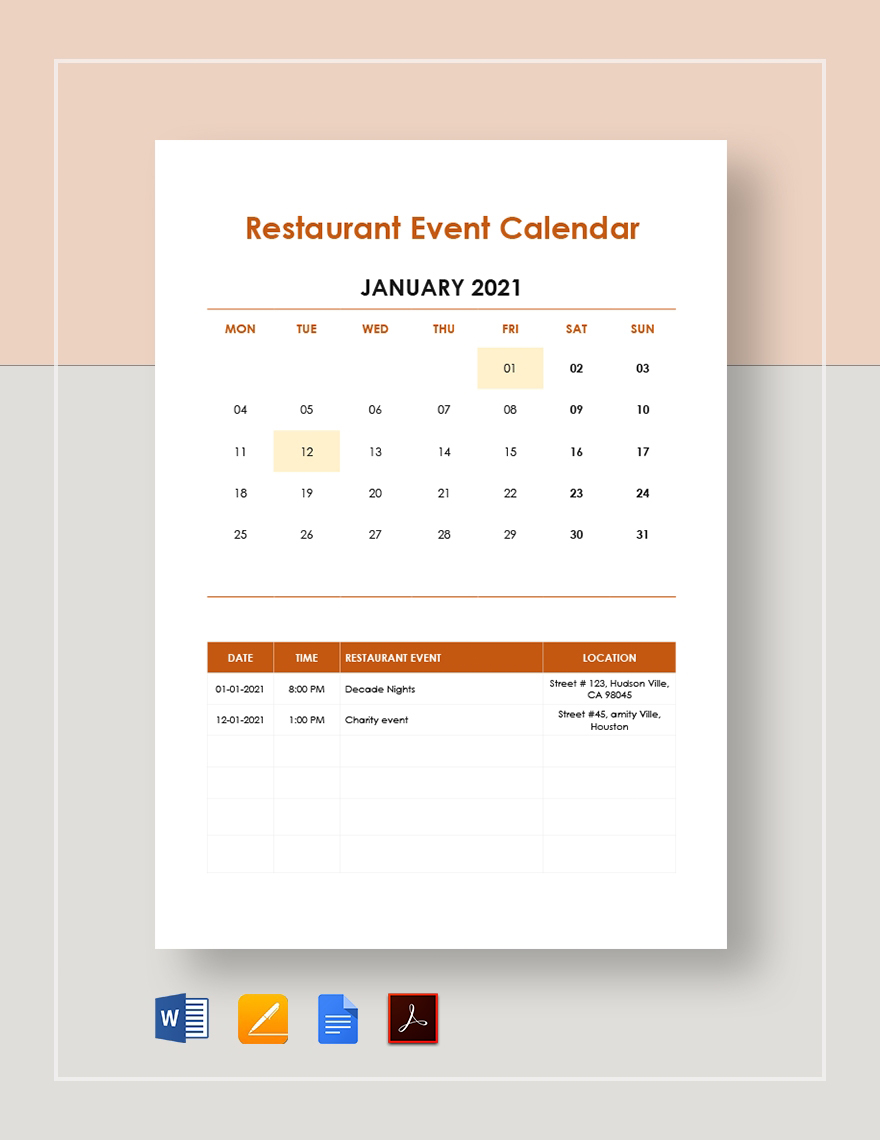 Restaurant Event Calendar Template in Google Docs, Word, Pages, PDF