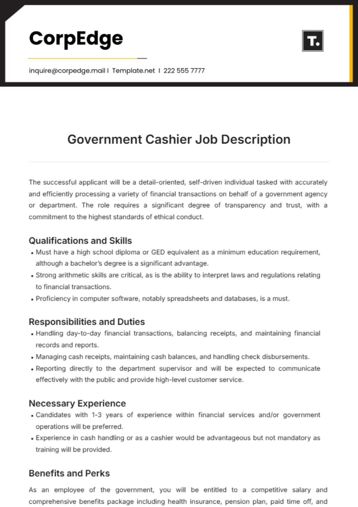 Government Cashier Job Description Template - Edit Online & Download