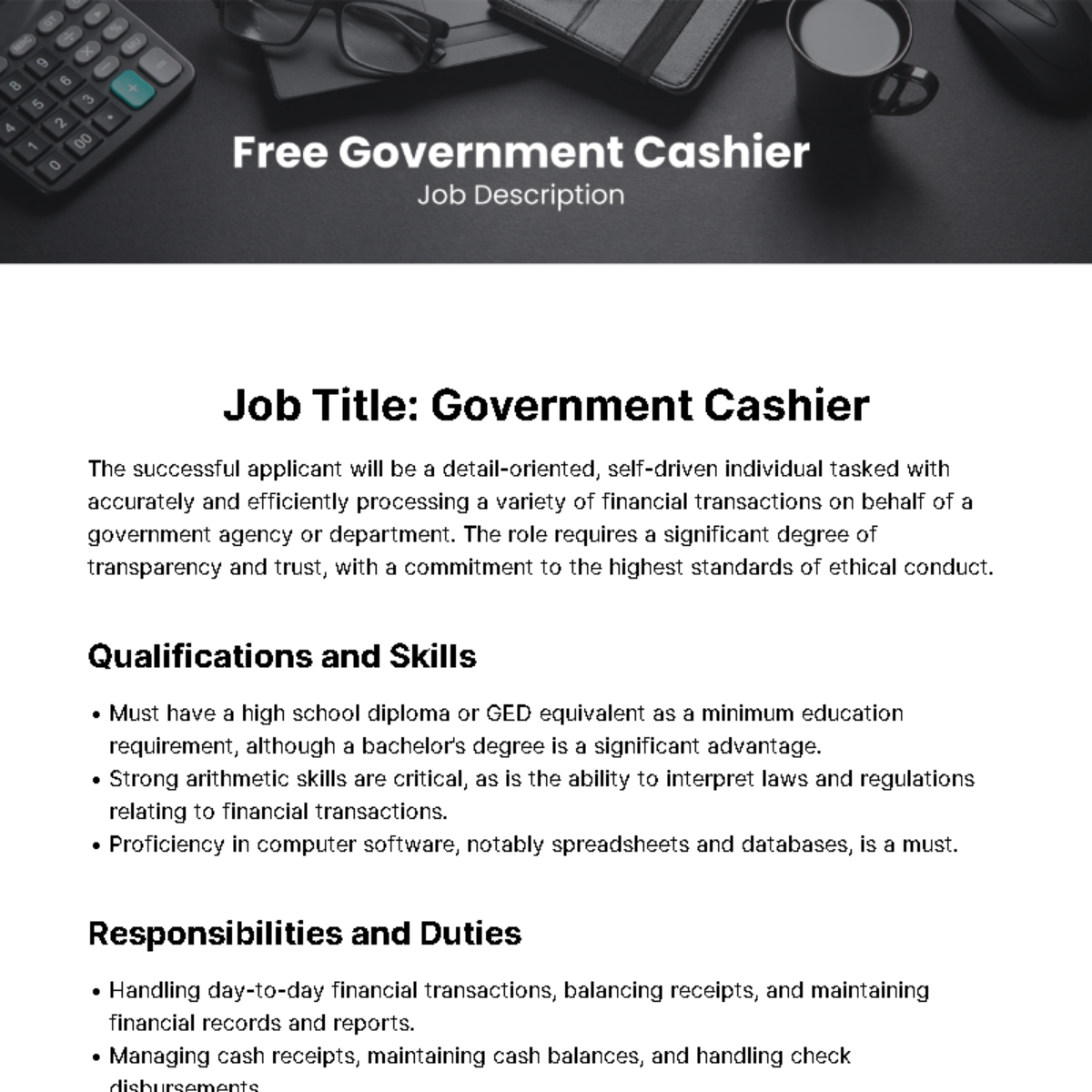 Free Government Cashier Job Description Template