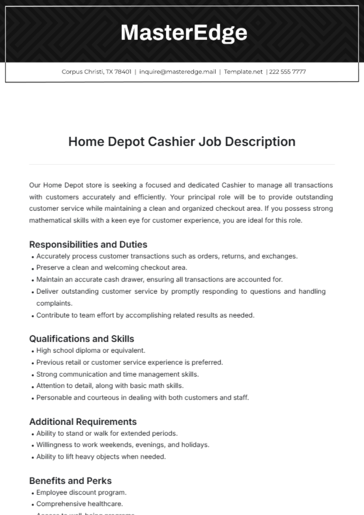 Home Depot Cashier Job Description Template - Edit Online & Download