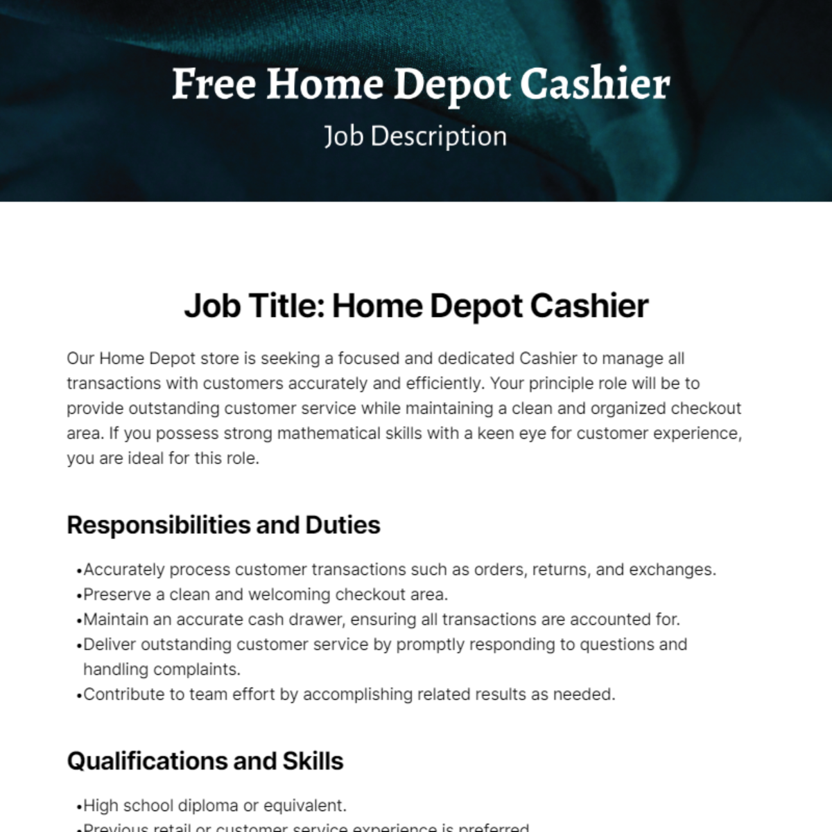 Home Depot Cashier Job Description Template