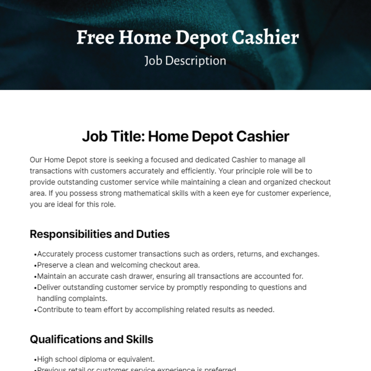 Home Depot Cashier Job Description Template - Edit Online