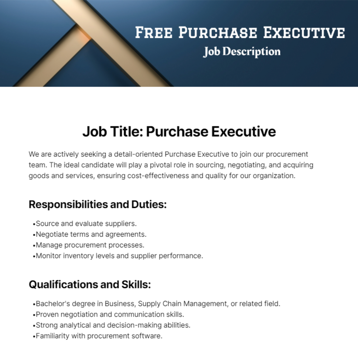 Purchase Executive Job Description Template
