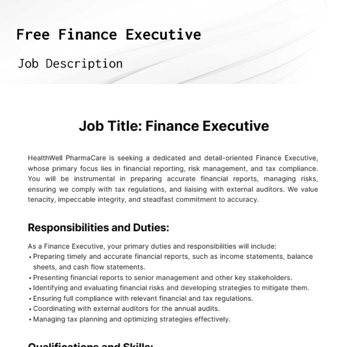 Free Finance Executive Job Description Template