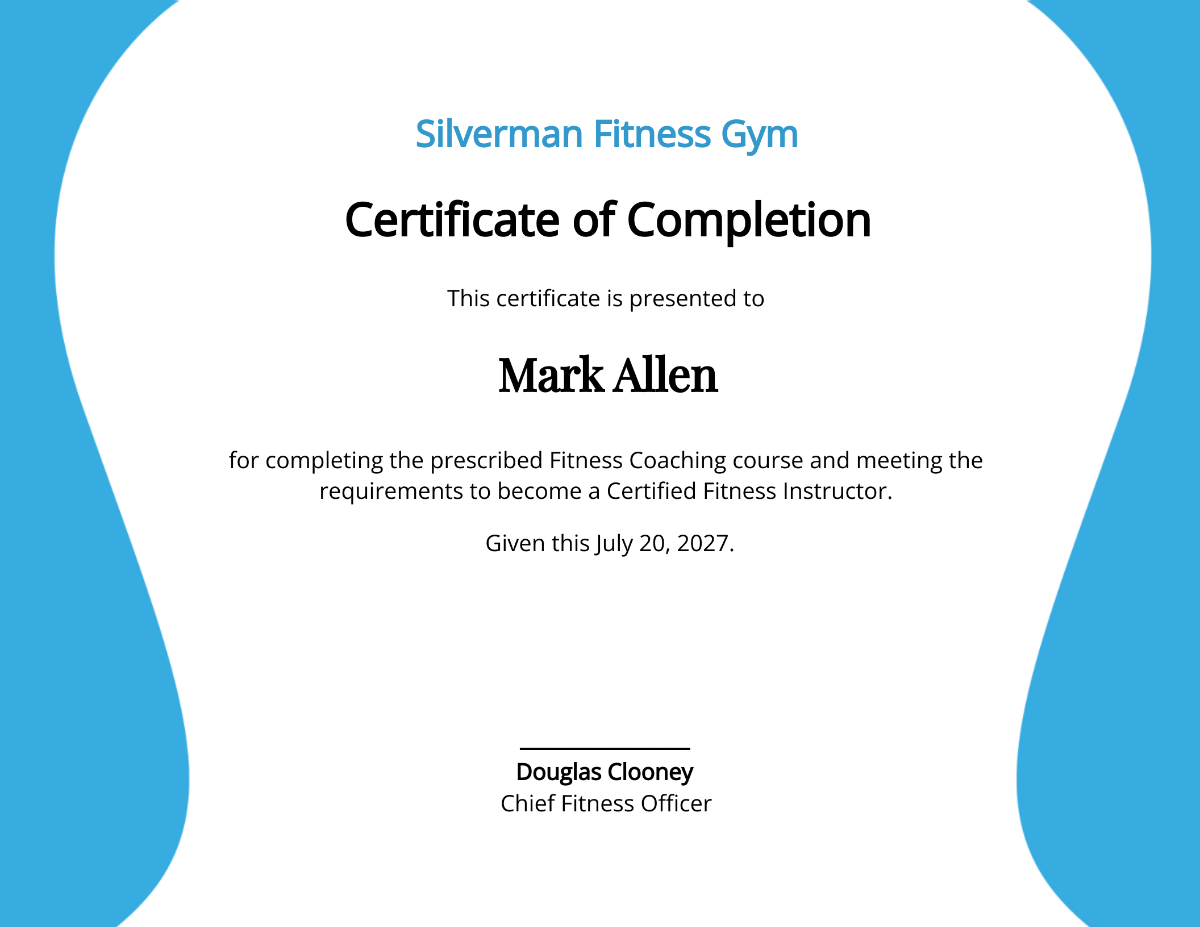 Fitness Instructor Certificate Template