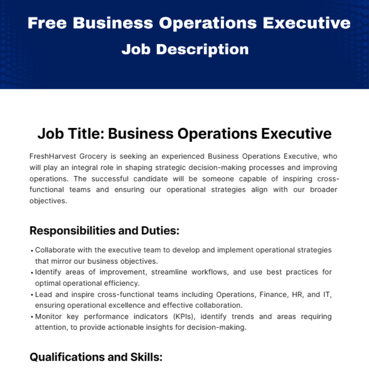 Business Operations Executive Job Description Template
