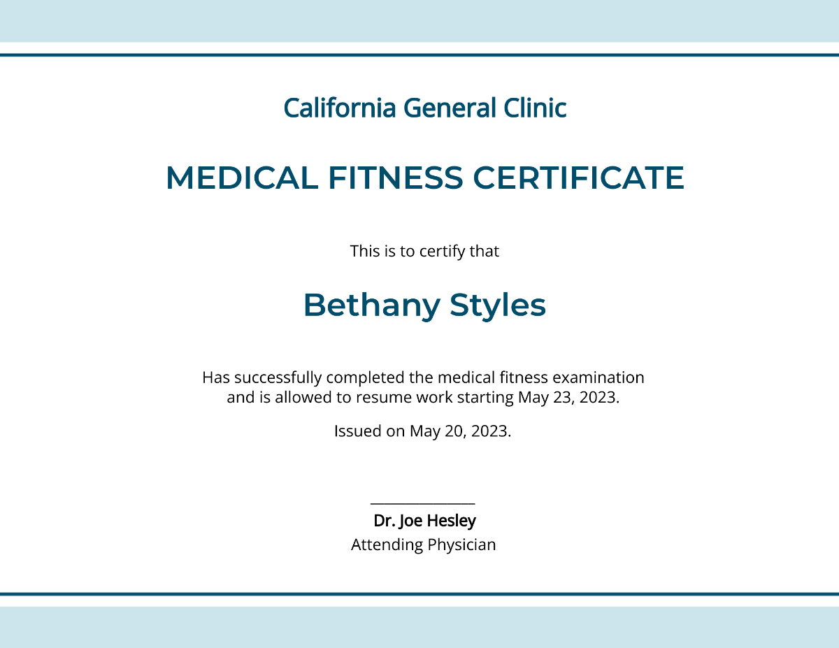 Fitness Medical Certificate Template