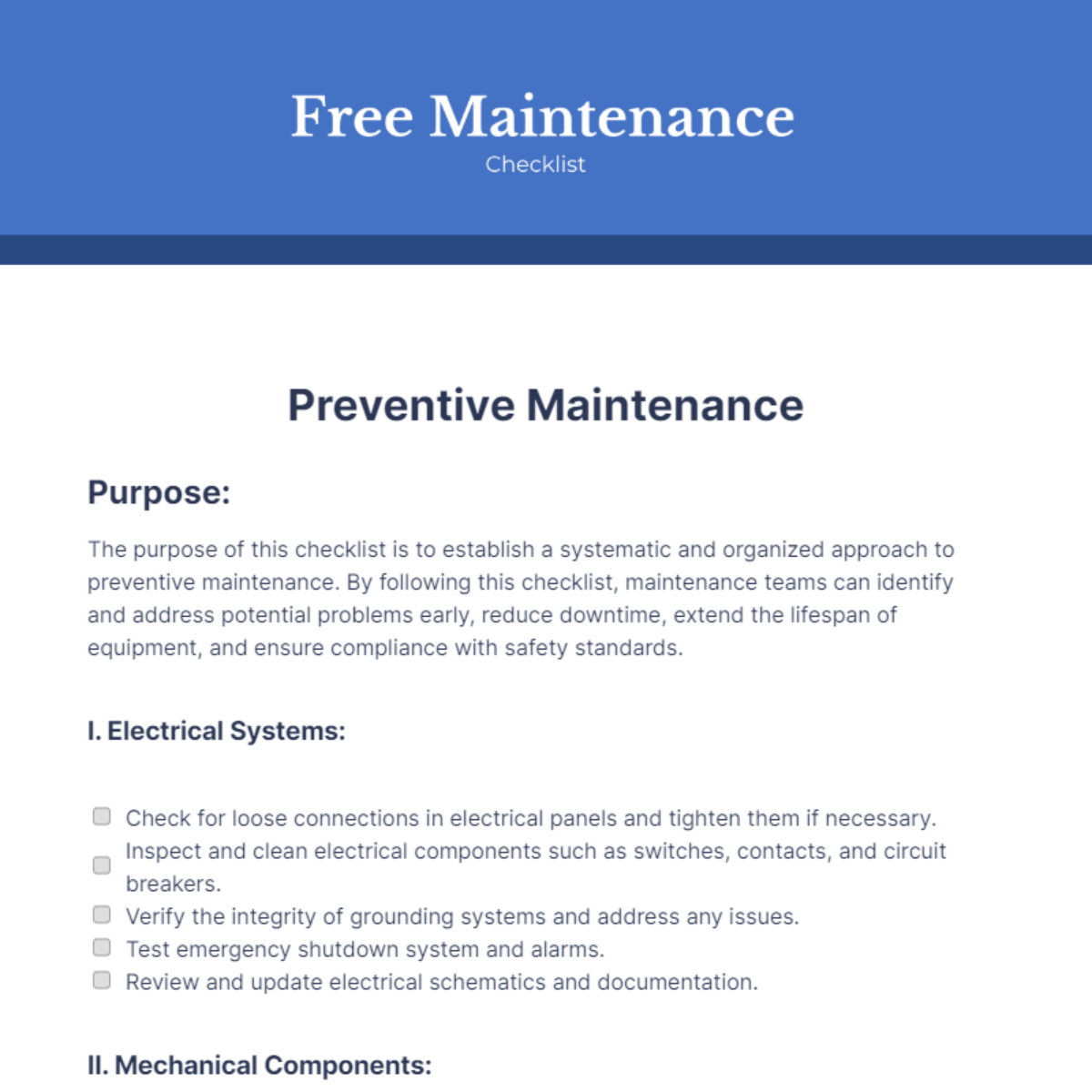 Free Maintenance Checklist Template