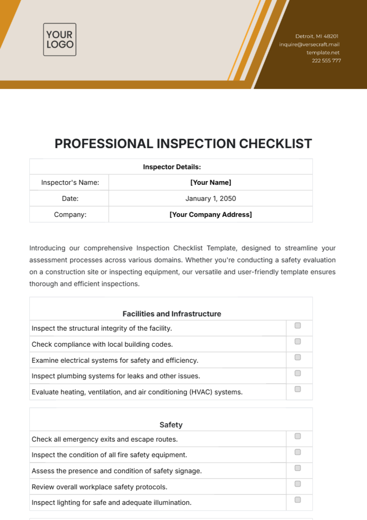 Professional Inspection Checklist Template