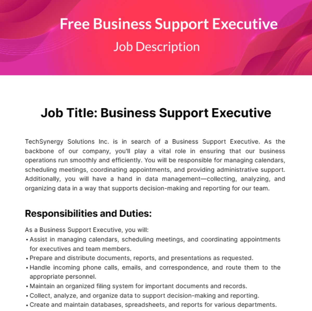 Free Business Support Executive Job Description Template