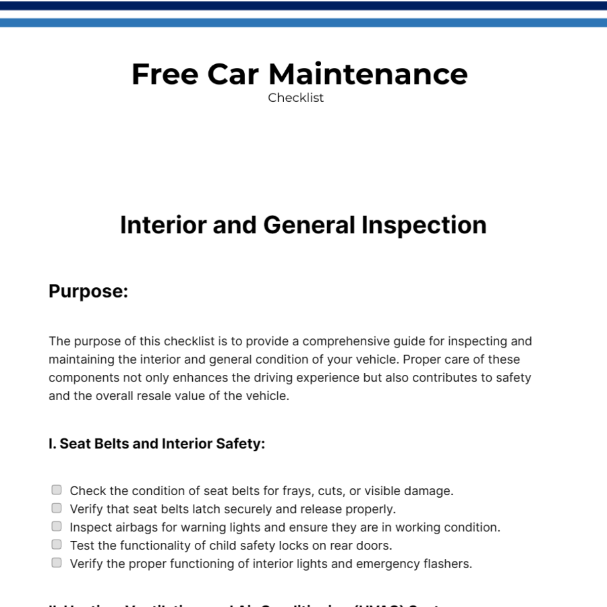 Free Car Maintenance Checklist Template