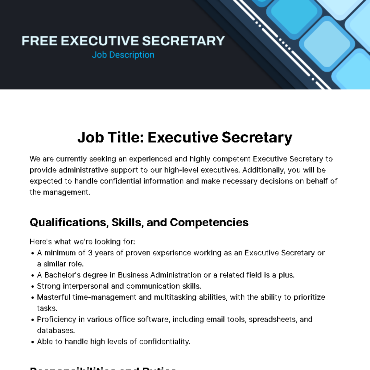 Free Executive Secretary Job Description Template