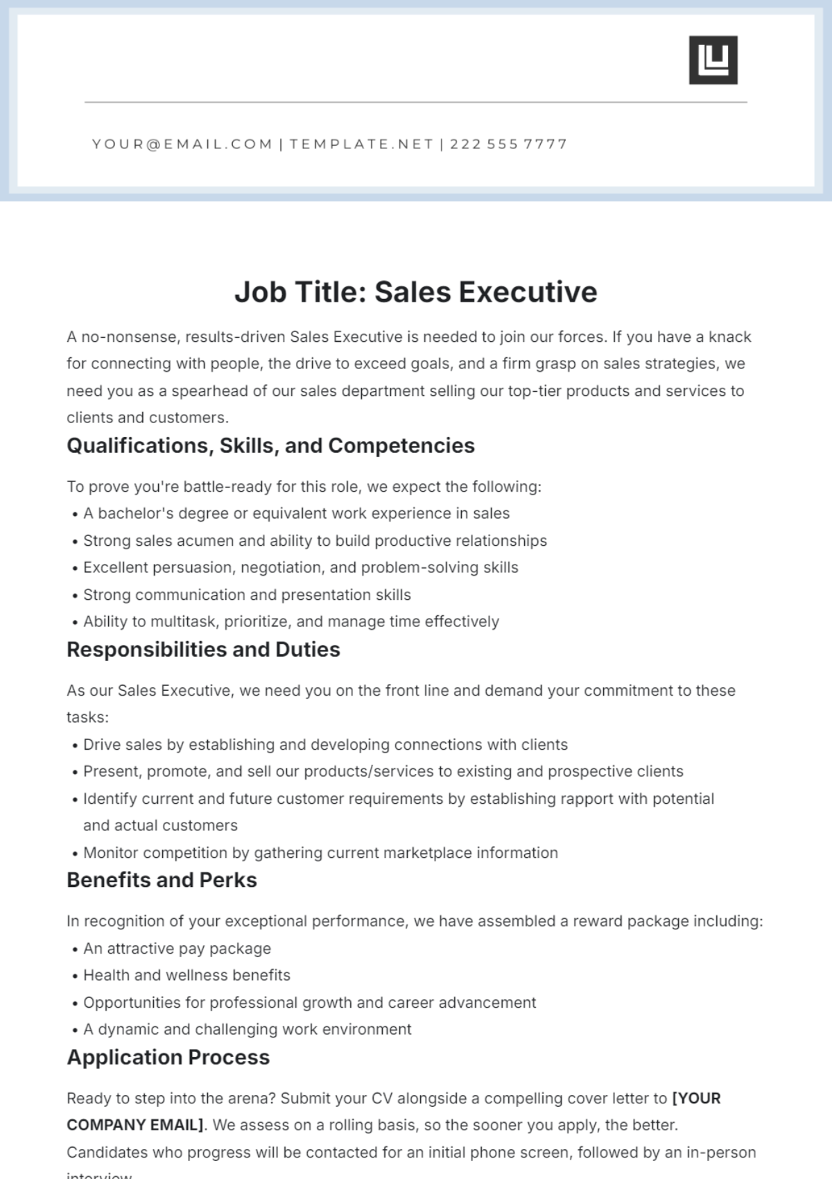 Sales Executive Job Description Template - Edit Online & Download