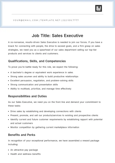 Free Sales Executive Job Description Template to Edit Online