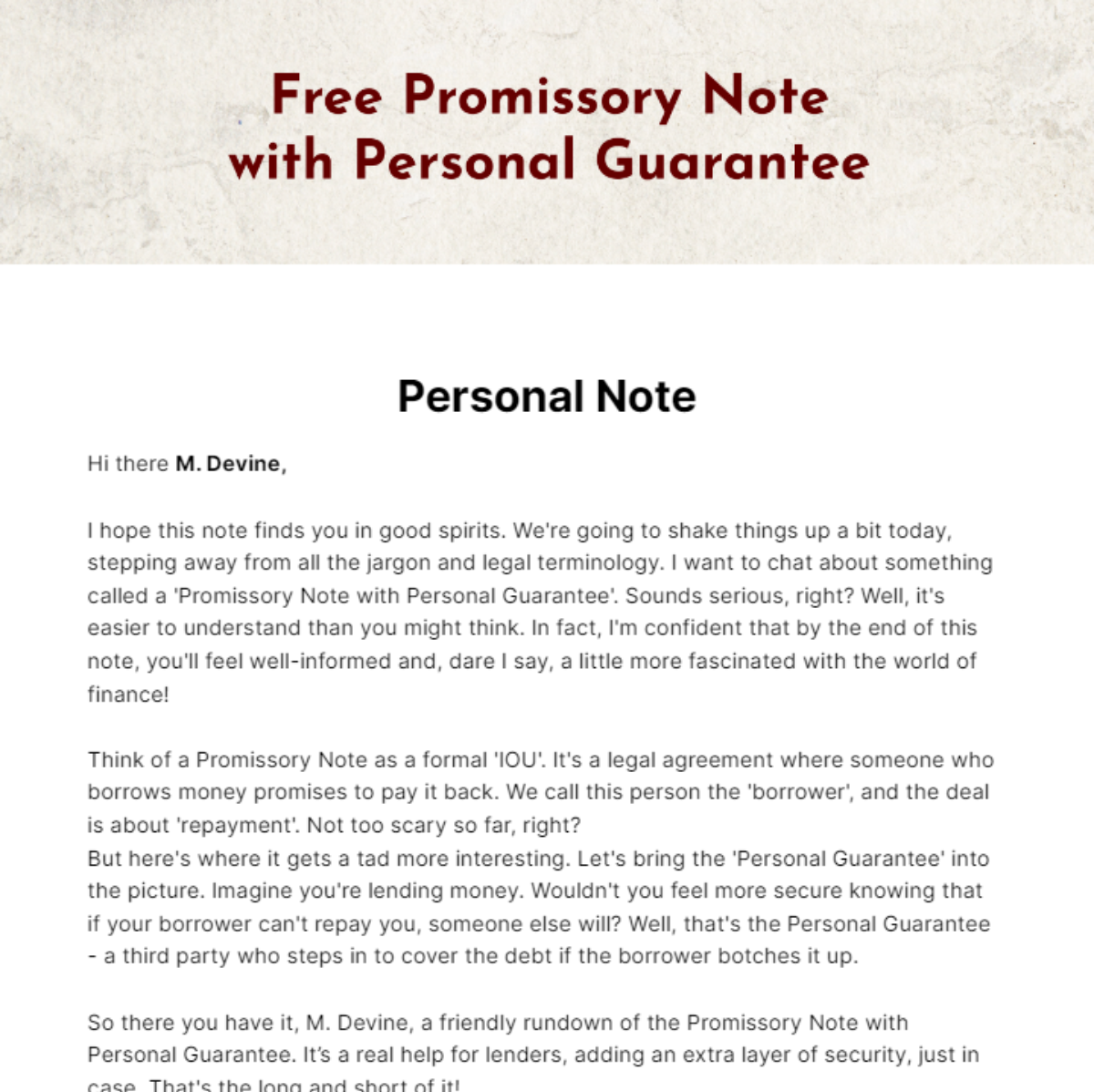 Promissory Note with Personal Guarantee Template